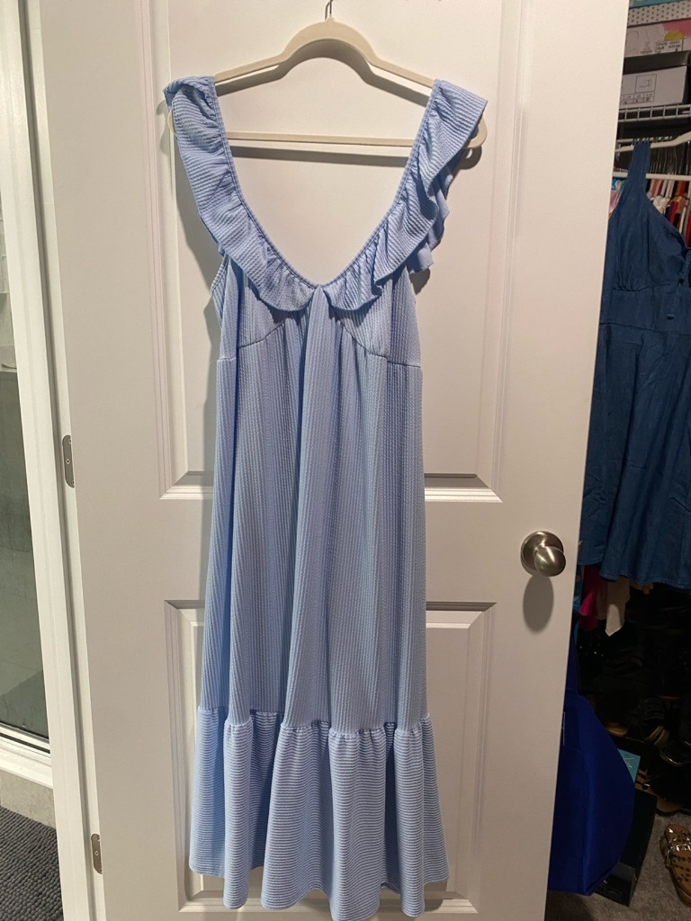 Caution To The Wind Pale Blue Textured Ruffle Dress